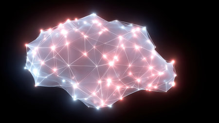 A stunning abstract visual of a digital cloud network featuring glowing nodes and intricate connections. Perfect for themes on technology, innovation, and data.の素材