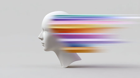 This abstract image features a sleek human head profile with vibrant colors blending together in a motion blur, symbolizing dynamic thoughts and creative energy.の素材