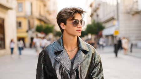 A young man wearing stylish sunglasses and a shiny jacket walks confidently through a bustling city street, embodying modern urban fashion and youth culture.の素材