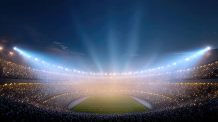 This stunning image captures an empty stadium at night, showcasing bright floodlights illuminating the field. A dramatic dusk sky adds to the atmosphere.の素材