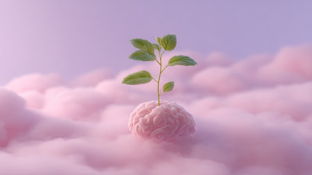 A captivating image of a green plant growing from a pink brain, set against a soft cloud background. This surreal representation symbolizes creativity and mental wellness, inviting reflection.の素材
