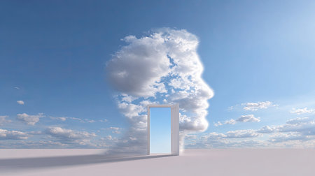 A serene and dreamy landscape featuring a white door framed against a clear blue sky. The clouds form a silhouette of a face, evoking themes of imagination and exploration.の素材