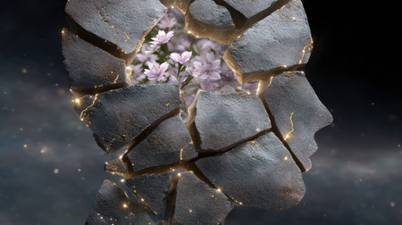 An artistic representation of a cracked stone head revealing beautiful flowers, symbolizing growth and transformation against a cosmic backdrop. Perfect for themes of creativity.の素材