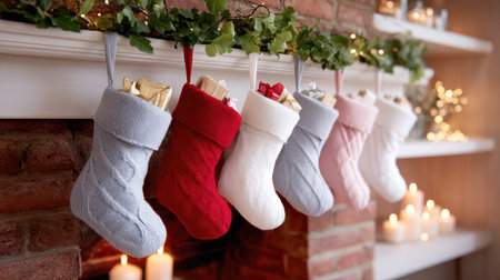 A charming Christmas scene with colorful knitted stockings hanging above a cozy brick fireplace, surrounded by candles and festive garlands, creating a warm atmosphere.の素材