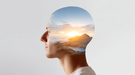 A surreal image showcasing a human head silhouette filled with a breathtaking landscape of mountains and sunrise, symbolizing creativity and the beauty of nature.の素材