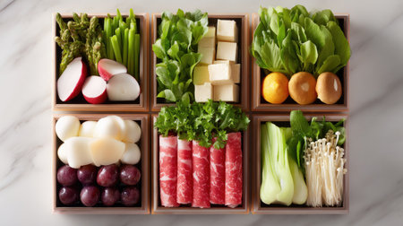 Discover a vibrant collection of fresh vegetables and culinary ingredients artfully arranged in wooden boxes on a sleek marble surface, perfect for healthy meal inspiration.の素材
