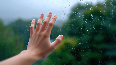 A close-up view of a hand reaching out against a rainy window, creating a serene and reflective atmosphere. The greenery outside is soft and blurred, enhancing tranquility.の素材