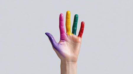 A hand displaying bright paint colors symbolizes creativity and self-expression. The soft gray background enhances the vibrant hues, inspiring artistic endeavors.の素材