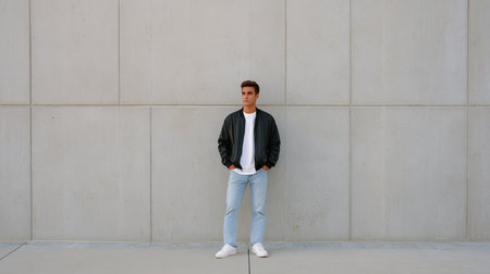 A young male model stands confidently against a concrete wall, dressed in casual attire. The modern and minimalist background highlights his stylish look and urban vibe.の素材