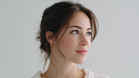 A stunning portrait of a young woman with natural beauty and a soft expression, showcasing freshness and elegance in a serene, minimalist environment.の素材