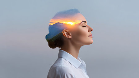 A tranquil portrait of a woman with a peaceful expression, blending her profile with a serene landscape at sunset, capturing the essence of inner calm and beauty.の素材