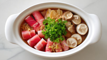 This image showcases a beautifully arranged dish featuring assorted raw fish, garnished with fresh parsley and mushrooms, perfect for a gourmet seafood meal.の素材
