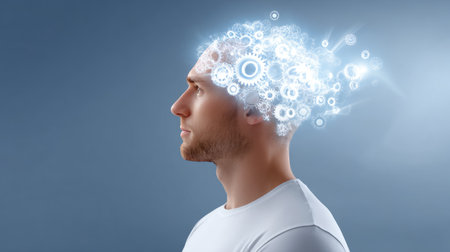A conceptual illustration of a man's profile showcasing creative ideas represented by gears and light, symbolizing innovation and mental exploration for inspiration.の素材