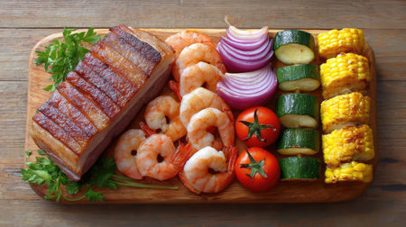 A vibrant platter featuring succulent shrimp, crispy pork belly, and colorful grilled vegetables perfect for summer gatherings and outdoor cooking. Enjoy delicious flavors!の素材