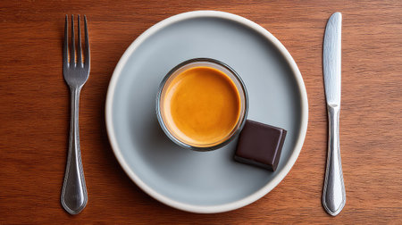 An inviting scene featuring a shot of espresso in a glass cup paired with dark chocolate, presented on a textured plate, ideal for coffee lovers.の素材
