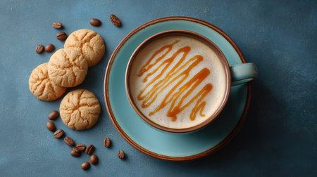 This inviting image features a creamy beverage with caramel drizzle, accompanied by freshly baked cookies and scattered coffee beans on a textured blue background.の素材