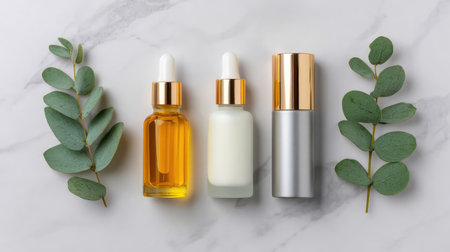 Discover an elegant arrangement of three cosmetic bottles paired with greenery on a marble background, perfect for wellness and beauty themes in photography and marketing.の素材