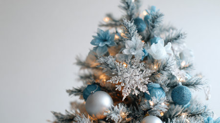 A stunning display of a Christmas tree adorned with silver and blue ornaments, snowflakes, and delicate flowers, creating a serene and festive atmosphere for winter celebrations.の素材