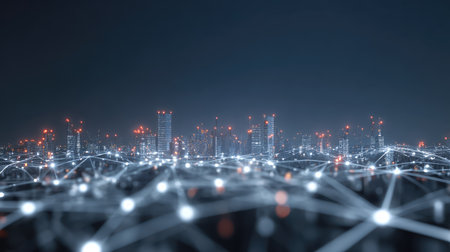 A stunning futuristic cityscape featuring glowing digital network connections, representing innovation and advanced technology in modern urban environments.の素材