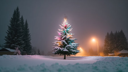A stunning Christmas tree stands majestically in the snow at night, adorned with colorful lights, surrounded by serene nature and warm street lights, capturing the essence of winter festivities.の素材