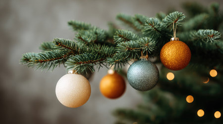 A stunning close-up of a pine tree branch adorned with colorful ornaments, creating a festive atmosphere perfect for holiday celebrations and winter festivities.の素材