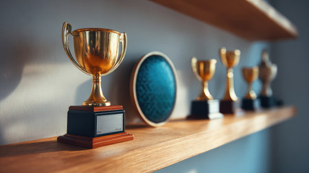 A beautifully arranged display of trophies and awards on a wooden shelf, symbolizing achievement and success in a contemporary setting, ideal for motivational projects.の素材