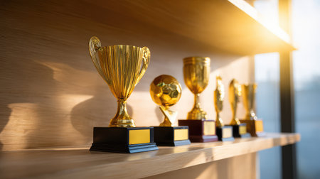 A stunning arrangement of golden trophies on a wooden shelf, showcasing achievements in various sports and competitions, enhanced by warm sunlight and elegant decor elements.の素材