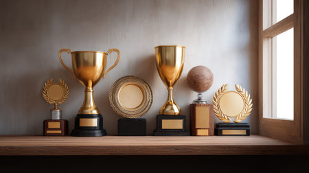 A striking arrangement of golden trophies and awards on a wooden shelf, embodying the essence of achievement, recognition, and success in various competitive fields.の素材