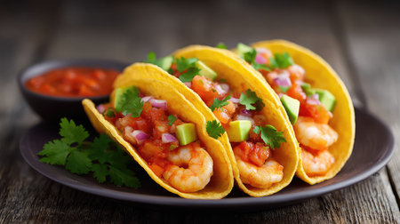 Indulge in these vibrant shrimp tacos topped with fresh salsa and avocado, beautifully presented on a rustic plate, capturing the essence of delicious culinary experiences.の素材