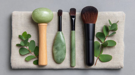 Aesthetic arrangement of organic skincare tools on fabric, accompanied by green foliage, perfect for promoting wellness and self-care routines in a serene environment.の素材