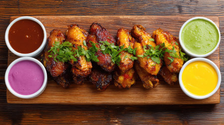 A beautifully arranged platter featuring crispy chicken wings garnished with herbs, paired with an array of vibrant dipping sauces on a rustic wooden table.の素材