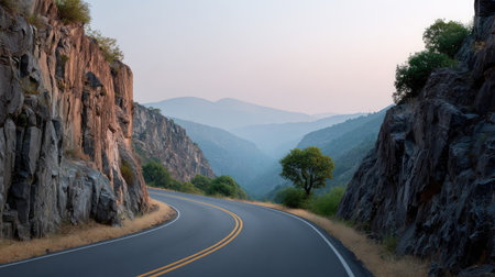 A breathtaking view of a winding road nestled between rocky cliffs and rolling hills, showcasing the serene beauty of nature during dusk. Perfect for travel and exploration themes.の素材