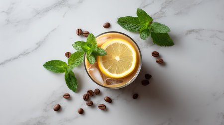 A beautifully arranged iced coffee drink featuring lemon slices, fresh mint, and coffee beans, ideal for summer gatherings or as a refreshing treat on a hot day.の素材