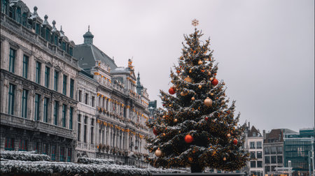 A stunning Christmas tree adorned with colorful ornaments stands majestically against a backdrop of historic buildings on a snowy winter day, showcasing holiday spirit.の素材
