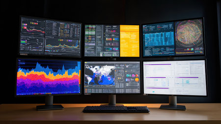 A cutting-edge workspace featuring multiple computer monitors displaying a range of data analytics, financial charts, and global information visualizations for efficient decision-making.の素材