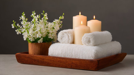 A serene spa setup featuring soft white towels, warm burning candles, and delicate flowers, perfect for creating a peaceful atmosphere for relaxation and self-care.の素材