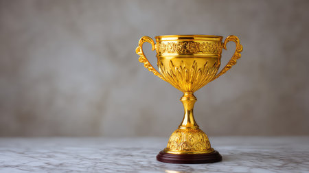 A stunning golden trophy sits gracefully on a polished marble surface, representing the pinnacle of success and the celebration of outstanding achievements in various fields.の素材