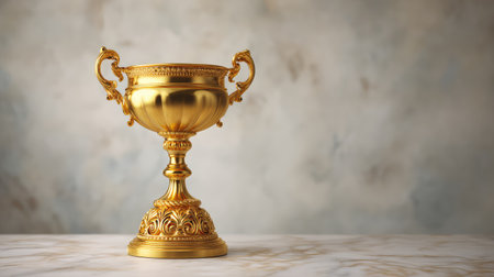 Stunning golden trophy set on a marble table, featuring elegant craftsmanship, perfect for themes of achievement, celebration, or recognition in various projects.の素材