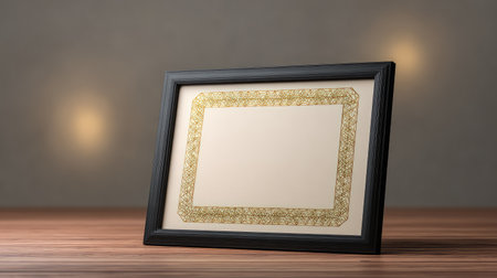 A stunning blank frame with an intricate gold border rests on a wooden table, surrounded by a softly lit background, ideal for showcasing artwork or cherished photos.の素材