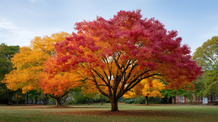 A stunning display of vibrant autumn trees showcasing a spectacular range of red, orange, and yellow leaves against a clear blue sky, creating a serene park atmosphere.の素材