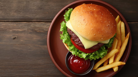 A close-up view of a delicious hamburger featuring fresh lettuce, cheese, and tomato, served with crispy fries and a side of ketchup for dipping, ideal for food enthusiasts.の素材