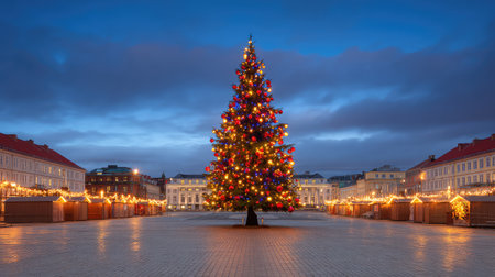 A stunning Christmas tree adorned with vibrant lights stands majestically in an urban square. Surrounding market stalls add to the festive atmosphere of the winter evening.の素材