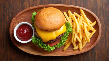 A tempting cheeseburger with fresh toppings served alongside golden french fries and ketchup, ideal for showcasing mouthwatering fast food experiences.の素材