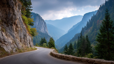 A breathtaking mountain landscape featuring a winding road, lush forests, and dramatic peaks, perfect for showcasing nature's beauty and inviting exploration.の素材