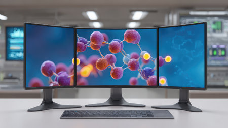 This image showcases a modern workstation featuring three monitors displaying vibrant molecular structures, ideal for researchers and scientists in a contemporary laboratory setting.の素材