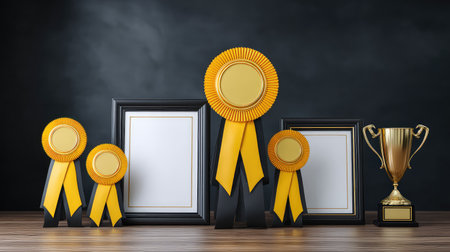 Golden ribbons, frames, and a trophy are elegantly arranged on a wooden surface, ideal for representing success and recognition in various activities and events.の素材