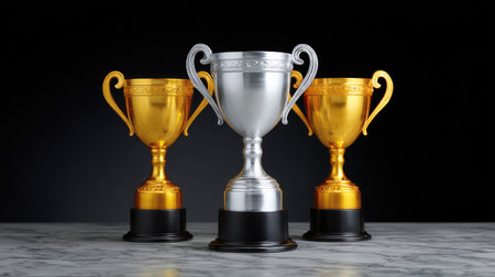 A striking visual of three distinct trophies on a marble surface, symbolizing achievement and success, ideal for themes of competition and recognition in various events.の素材