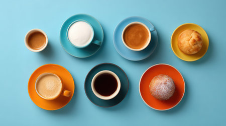 This vibrant flat lay showcases a variety of coffee drinks alongside fresh pastries, creating a warm and inviting scene perfect for breakfast or brunch settings.の素材