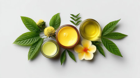 This minimalist arrangement showcases essential oils, candles, and vibrant green leaves, offering a serene and calming atmosphere perfect for relaxation and wellness.の素材