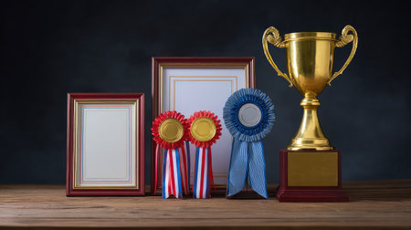 A beautiful collection of trophies and ribbons arranged on a wooden table, ideal for celebrating achievements and recognizing excellence in any competitive event.の素材
